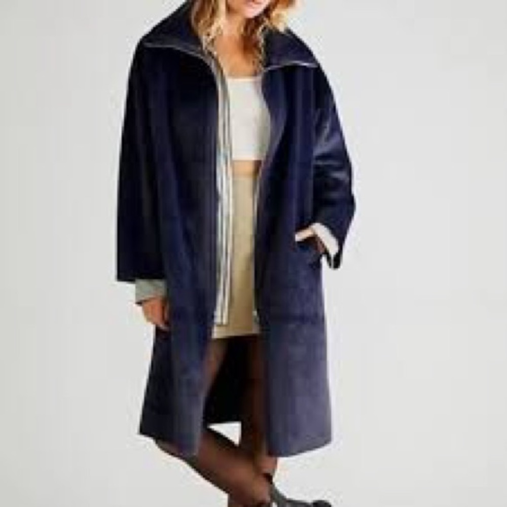 Free People Lana Oversize Faux Fur Coat, Navy Blue
